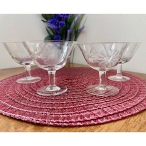 Vintage Etched‎ Glass Coupe/Sherbet Glasses – Floral Sunflower Design, Set of 4